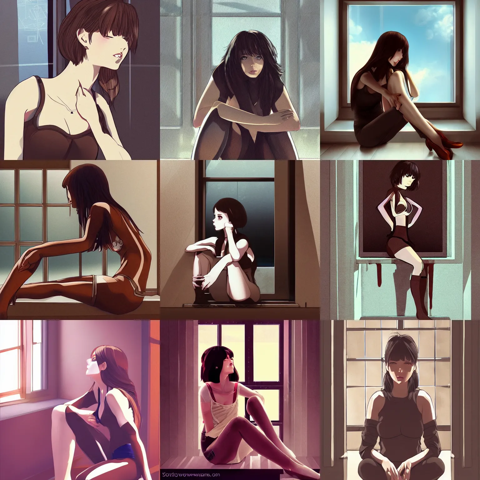 Prompt: sexy woman with dark brown, sitting on the floor leaning against the window, wearing kneesocks, wearing tanktop, light brown hair, in the style of ilya kuvshinov, high quality digital art