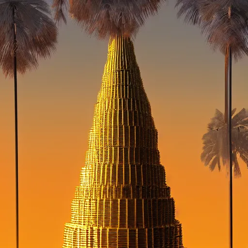 Image similar to photo of vertical golden tower, stacked ancient village, arid mountains and lush palm forest, photo realism, sharp focus, octane, golden hour