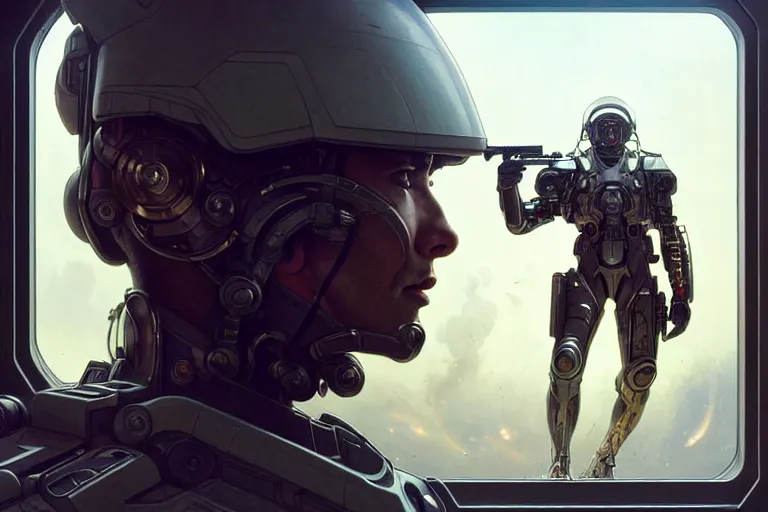 Image similar to ultra realistic illustration, male cyborg military commander, looking out a spaceship's window at a battlefield, intricate, elegant, highly detailed, digital painting, artstation, concept art, smooth, sharp focus, illustration, art by artgerm and greg rutkowski and alphonse mucha