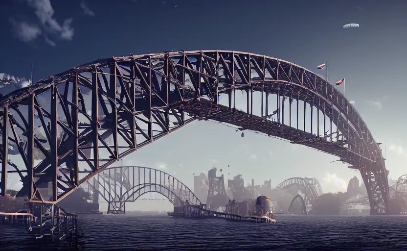 Image similar to a big harbour bridge collapses after explosions in the form of white cotton plants, 3 d octane render, epic lighting, 8 k, by goro fujita