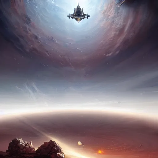 Image similar to a spiky imperial hamburger space ship travelling near a barren planet by Marek Okon, god rays, fantasy art, 4k, HDR, photorealistic, 8k, trending on artstation