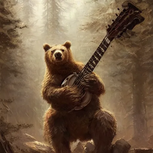 Image similar to realistic bear playing futuristic minimalistic primitive forms guitar, fantasy character portrait by Greg Rutkowski, Craig Mullins, Gaston Bussiere