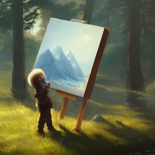 Image similar to Bob Ross throwing away paintings, illustrated by Greg Rutkowski, trending on artstation, 4k, 8k