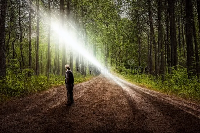 Image similar to a man standing on a dirt road in the woods, a stock photo by gregorius sickinger, pixabay contest winner, primitivism, rendered in maya, anamorphic lens flare, dark