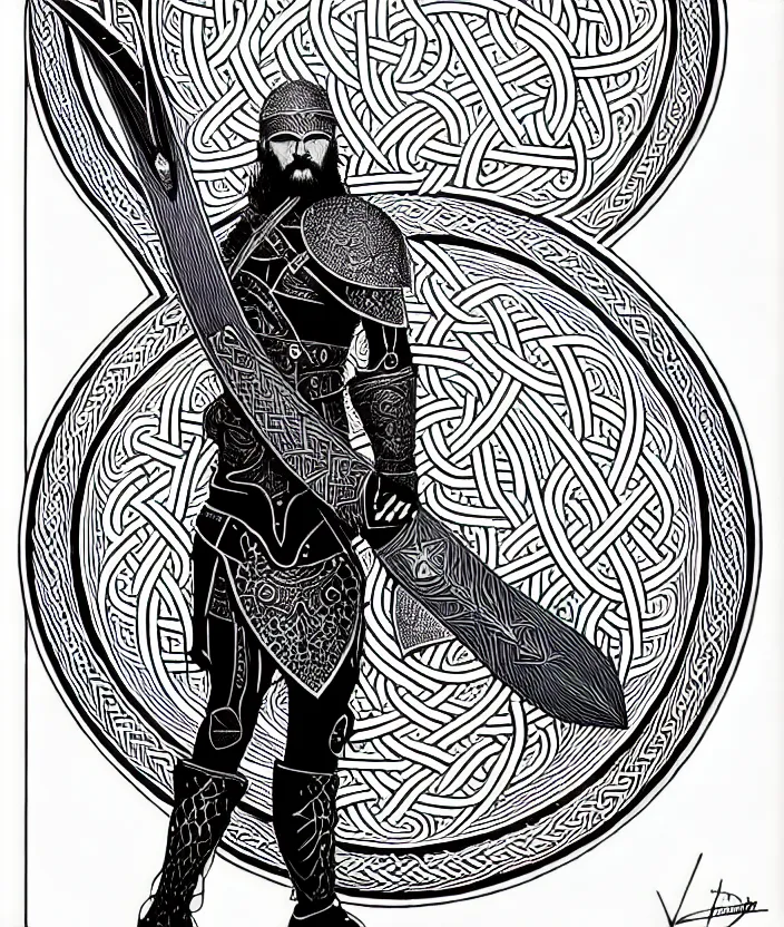 Image similar to shaded, minimalist, knotwork with center viking warrior, extremely detailed, bold line art, by vincent di fate and joe fenton and artgerm, holding shield and sword, centered, inking, etching, screen print, inkblots of color, masterpiece, trending on artstation, sharp, high contrast, hyper realistic, hd, 4 k, 8 k