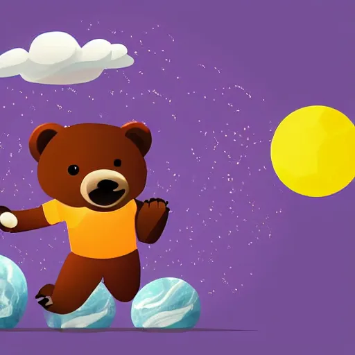 Image similar to cartoon illustration of a bear mascot being launched from a futuristic marble planet, purple and orange cloudland