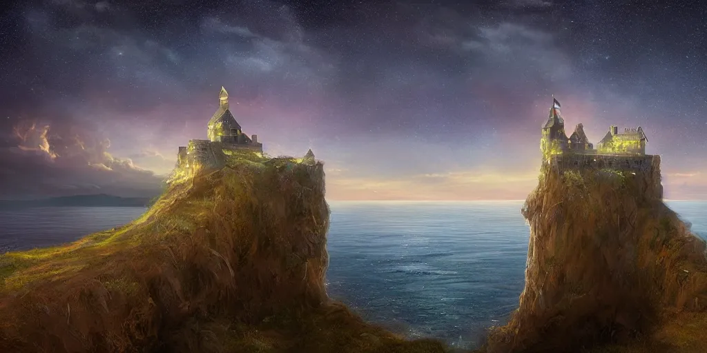 Image similar to Castle on the edge of a cliff overlooking the ocean at midnight by Jessica Rossier