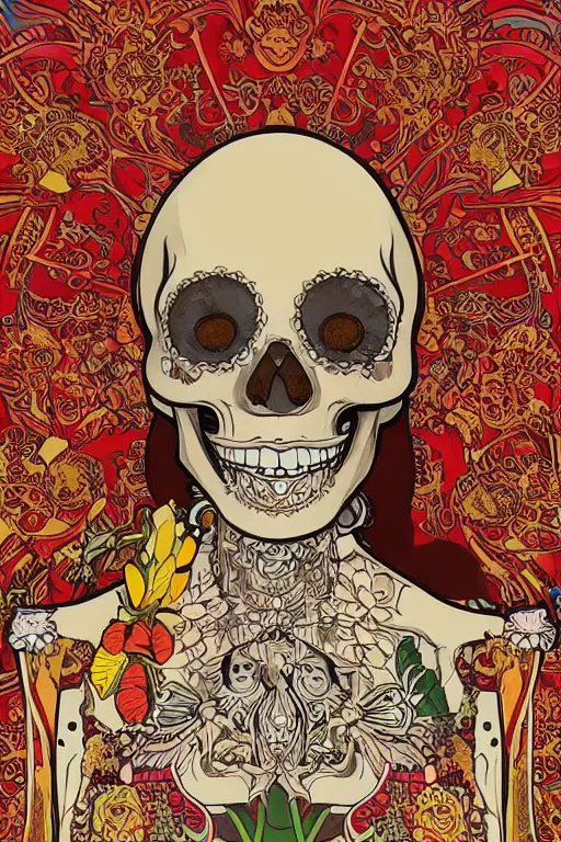 Image similar to indonesia traditional dress, skull portrait girl female skeleton illustration detailed patterns art pop art, splash painting, art by geof darrow, ashley wood, alphonse mucha, makoto shinkai