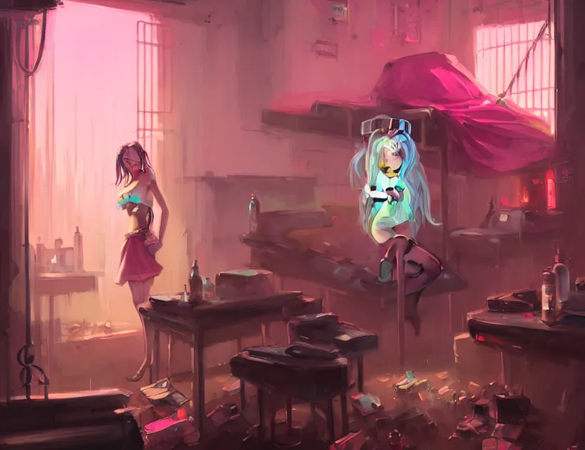 Prompt: photo a man in a short pink skirt, in jail, dirty room, bars in the foreground by peter mohrbacher