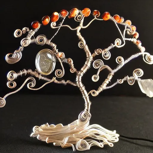 Prompt: intricate wire tree with agate accents, delicate, magnificent design, masterpiece, elaborate, dramatic lighting