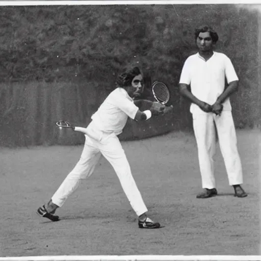 Prompt: photograph of Rabindranath Tagore playing tennis