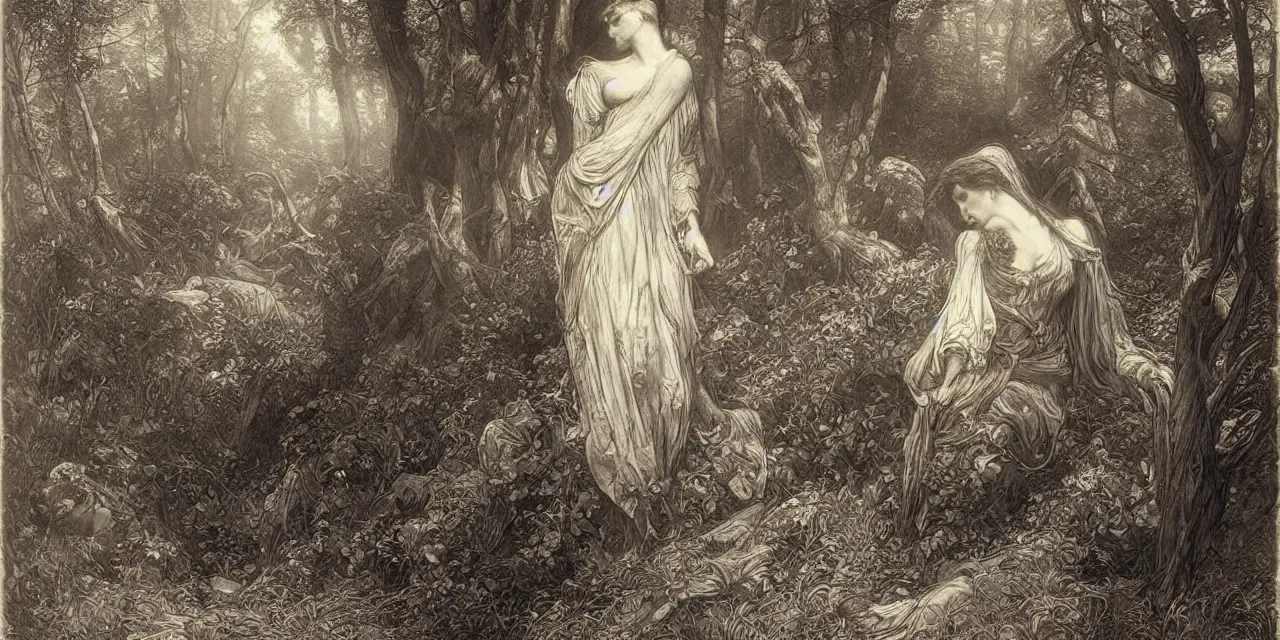 Prompt: the vanishing of ethan carter by gustave dore, james ryman, alphonse mucha. deep rich color