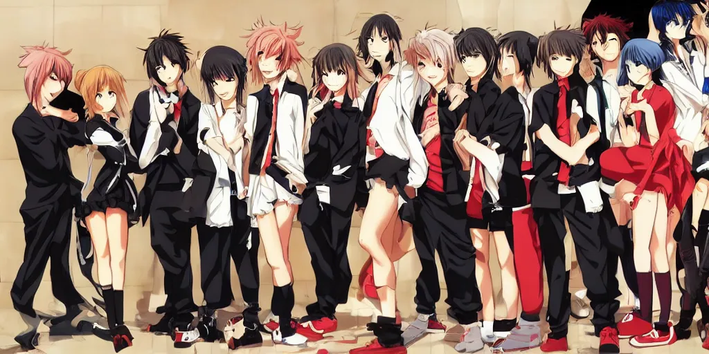 Image similar to 2 anime girls posing with 6 anime boys