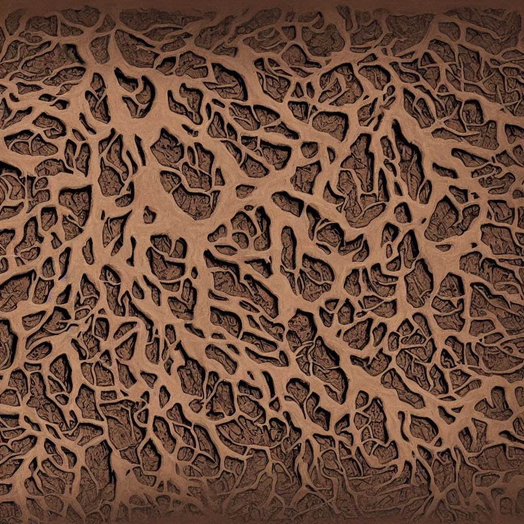 Image similar to a digital topdown painting of nightmare horror mud with bricks thick tree roots and many muddy body parts, faces rising from the ground.