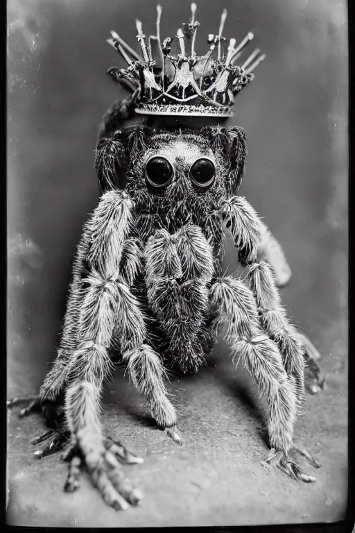 Image similar to a wet plate photo of an anthropomorphic tarantula king, wearing a crown