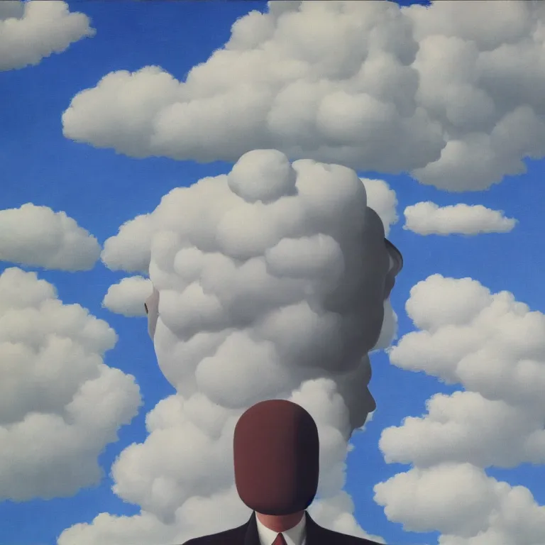 Image similar to cloud - man, by rene magritte, centered, detailed painting, hd, hq, high resolution, high detail, 4 k, 8 k