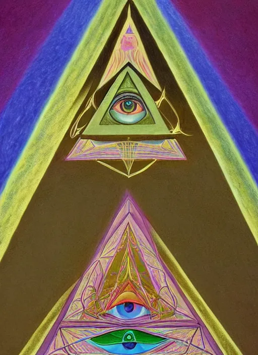 Image similar to illuminati pyramid with an eye floating on top of it, symmetric aesthetic figure, pastel colors, hyper detailed 8k realistic painting by Hilma At Klint, trending on artstation