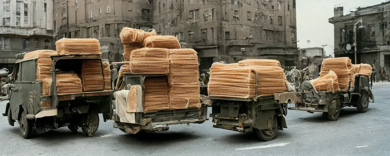 Prompt: transporting spaghetti boxes, world war 2, u. s. army, canon 5 0 mm, kodachrome, in the style of wes anderson, retro