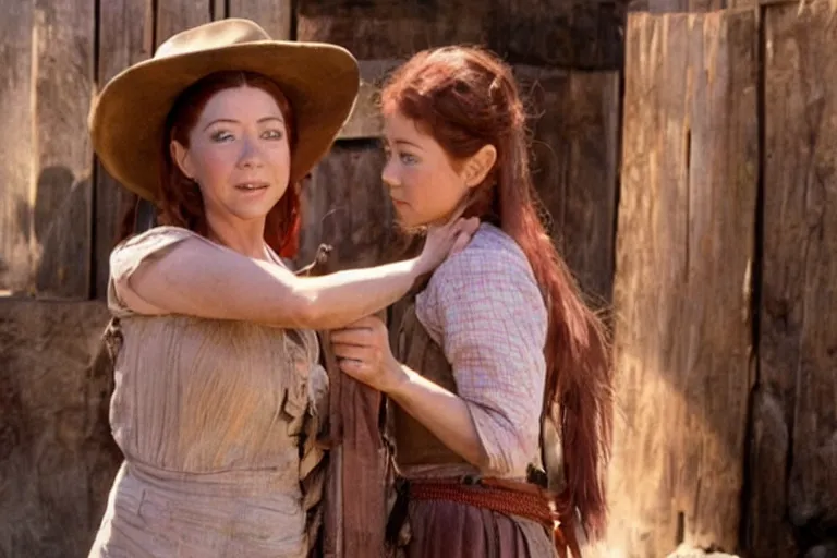 Image similar to screenshot from western movie, with young alyson hannigan