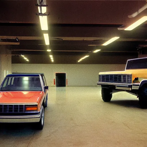Prompt: 1980 GNX Bronco, inside of an auto dealership, ektachrome photograph, volumetric lighting, f8 aperture, cinematic Eastman 5384 film