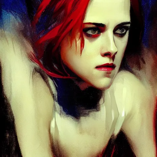 Image similar to kristen stewart as the winter soldier, intricate, elegant, highly detailed, greg manchess, mucha, liepke, ruan jia, jeffrey catherine jones, ridley scott