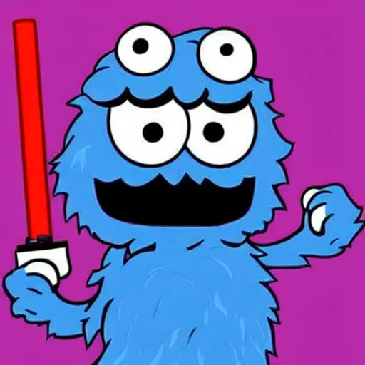 Image similar to angry cookie monster holding a lightsaber in his hand, epic anime style.