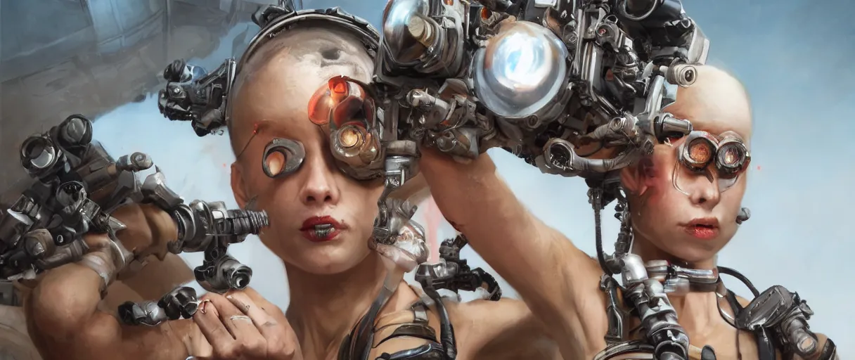 Image similar to tank girl, highly detailed, half human, half cyborg, power implants, full body transmogrify, low camera angle, point of view looking up from below, beautiful, mesmerising, look of desire, loving stare, battle action shot, digital painting, trending on artstation, concept art, 4 k, sharp focus, illustration, art by greg rutkowski