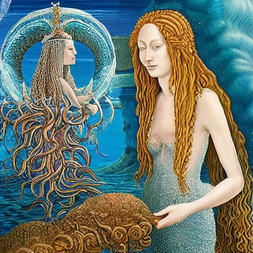 Prompt: intricate detail, gilbert williams and sandro botticelli portrait of tan sumerian mermaid goddess atargatis, with aqua neon rapunzel dreadlocks adorned in seashells, near crystal temple in atlantis, iridescent dolphins swimming in the sea, unicorn flying in the sky, paleozoic atlantis