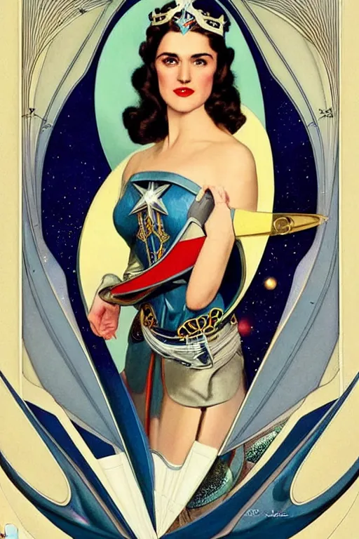 Prompt: Katie Mcgrath as the princess Ardala , buck rogers , a beautiful art nouveau portrait by Gil Elvgren, beautiful sci-fi space environment, front centred symmetrical composition, defined features, silver jewellery, stars in her gazing eyes