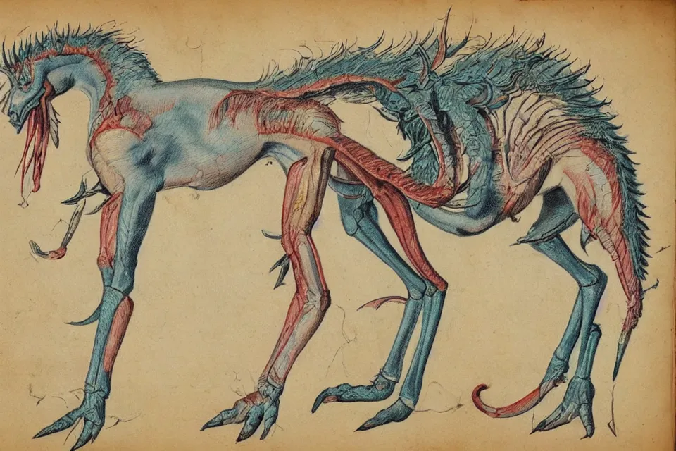 Image similar to Vintage, detailed, colored sketch of mythical creature anatomy, full body, with full descriptions, on parchment.