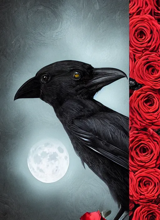 Image similar to portrait, A crow with red eyes in front of the full big moon, book cover, red roses, red white black colors, establishing shot, extremly high detail, foto realistic, cinematic lighting, pen and ink, intricate line drawings, by Yoshitaka Amano, Ruan Jia, Kentaro Miura, Artgerm, post processed, concept art, artstation, matte painting, style by eddie mendoza, raphael lacoste, alex ross