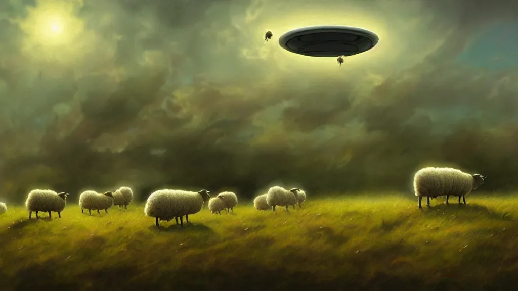 Image similar to sheep in a field being abducted by a ufo!, pastel cartoon, horror! highly detailed, digital painting, artstation, concept art, smooth, sharp focus, illustration, art by simon bisley and greg rutkowski and alphonse mucha