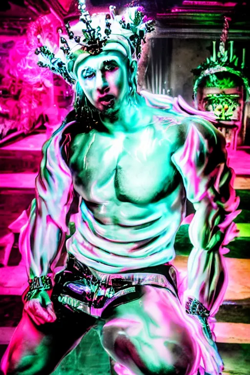 Prompt: full-body rococo and cyberpunk style neon statue of a muscular attractive Sean Mendez wearing cholo shades macho dotado e rico android sim roupa reclining con las piernas abertas e la piroca dura, ethereal white dripping tar, glowing orange lasers, pink tigers, glowing eyes, silver prince crown, black gears, pink diamonds, swirling mint-colored silk fabric. futuristic elements. full-length view. human skulls. large intricate artwork by caravaggio. Trending on artstation, octane render, cinematic lighting from the right, hyper realism, octane render, 8k, depth of field, 3D