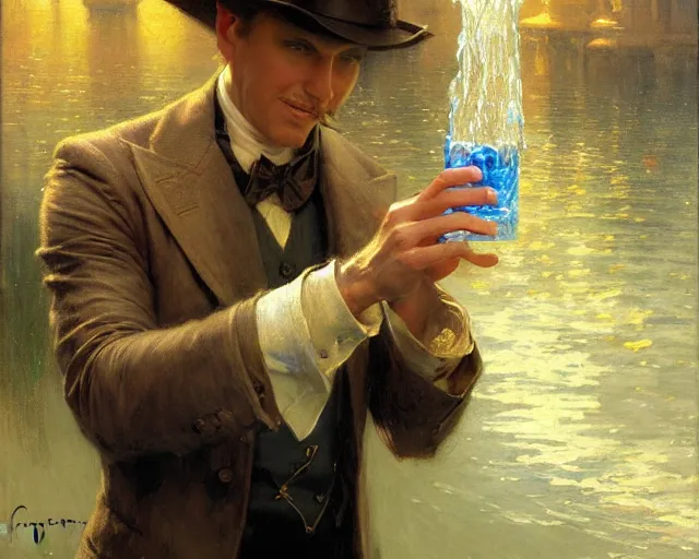 Image similar to attractive magician man, casting water magic. highly detailed painting by gaston bussiere, craig mullins, j. c. leyendecker 8 k