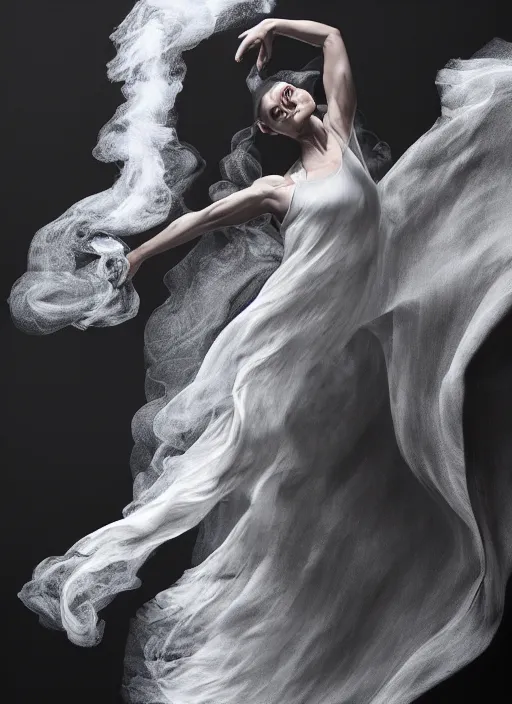 Image similar to a Photorealistic dramatic hyperrealistic render of a glamorous beautiful Female smoke dancer by Ken Brower and Deborah Ory of NYC Dance project,Lois Greenfield,Flowing cloth and smoke,Beautiful dynamic dramatic dark moody lighting,volumetric,shadows,cinematic atmosphere,Octane render,8K