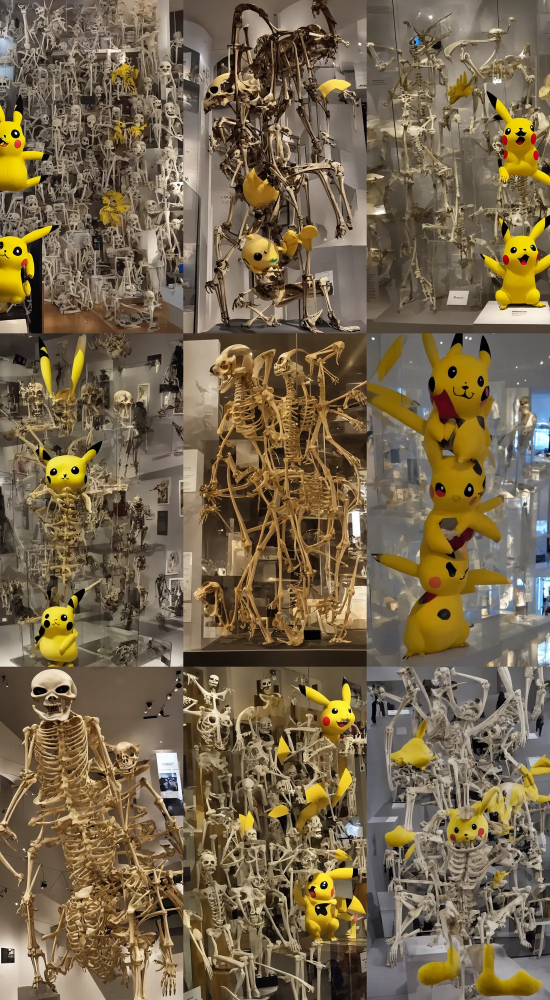 Prompt: pikachu skeleton on display in a museum