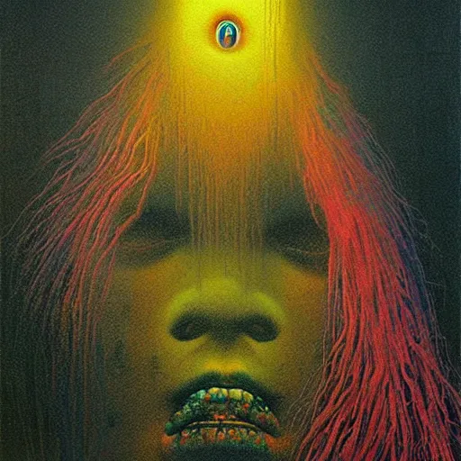 Image similar to rainbow troll doll by beksinski, banksy and tristan eaton, dark neon trimmed beautiful dystopian digital art