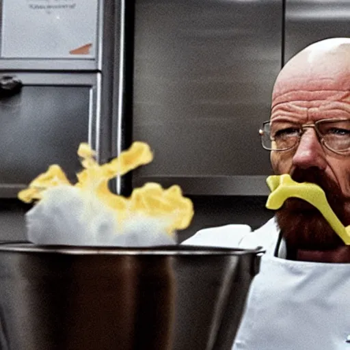 Image similar to walter white cooking meth at a table in a mcdonalds