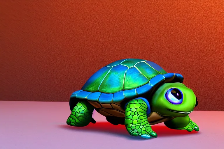 Image similar to a cute little chibi turtle with swords standing, dramatic led lights in blue and orange, unreal engine, 8k, pixar style