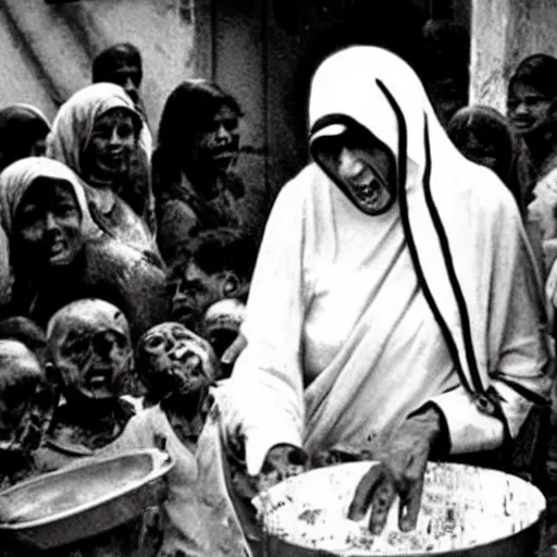 Image similar to zombie mother teresa giving food out at an orphanage