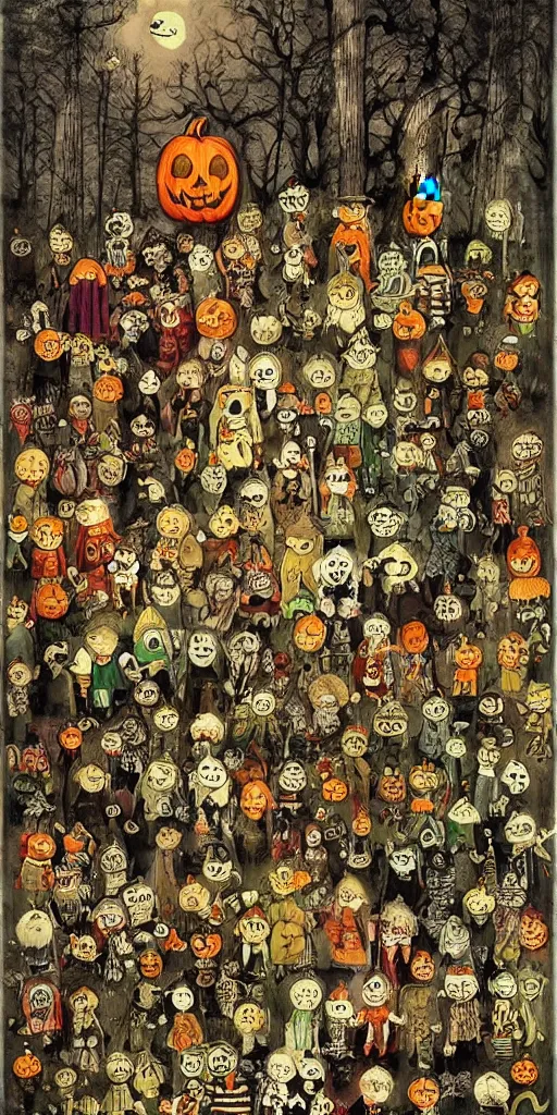 Image similar to a vintage halloween scene by alexander jansson and where's waldo