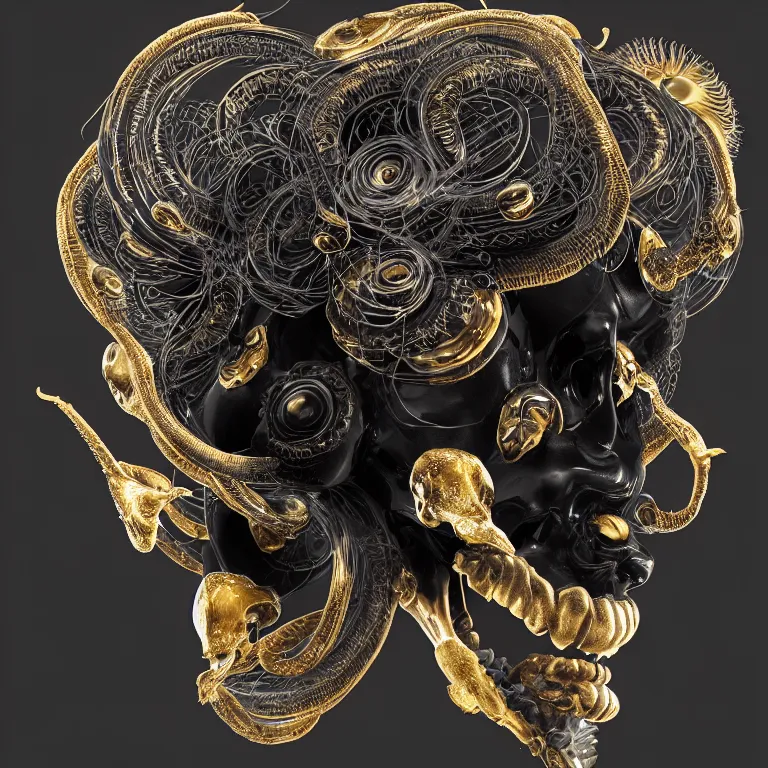 Image similar to black background. absolutely symmetrical sculpture. centered. goddess princess face close-up portrait ram skull. sculpture made of gold and black charcoal. jellyfish phoenix head, nautilus, orchid, skull, betta fish, bioluminiscent creatures, intricate artwork by Tooth Wu and wlop and beeple. octane render, trending on artstation, greg rutkowski very coherent symmetrical artwork. cinematic, hyper realism, high detail, octane render, 8k