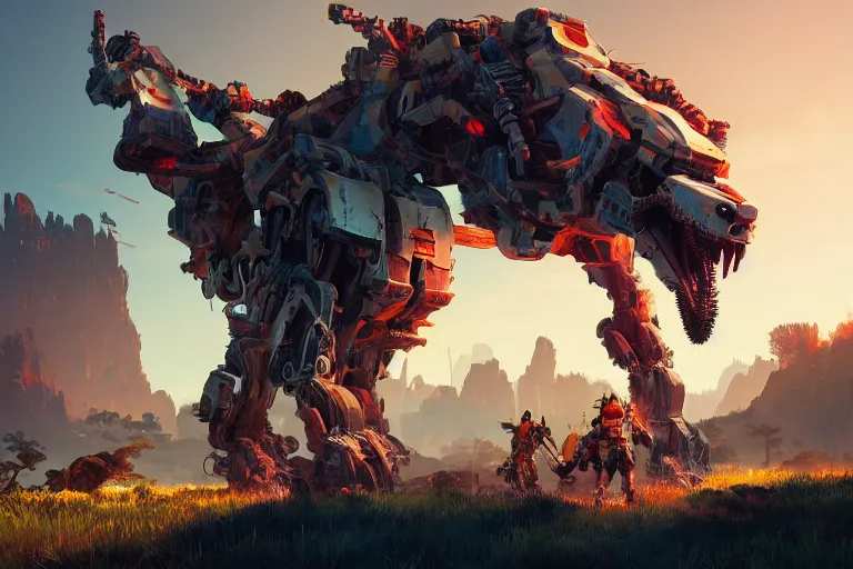 Image similar to behemoth machine mecanical creature robot of horizon forbidden west horizon zero dawn radiating a glowing aura global illumination ray tracing hdr fanart arstation by ian pesty and alena aenami artworks in 4 k