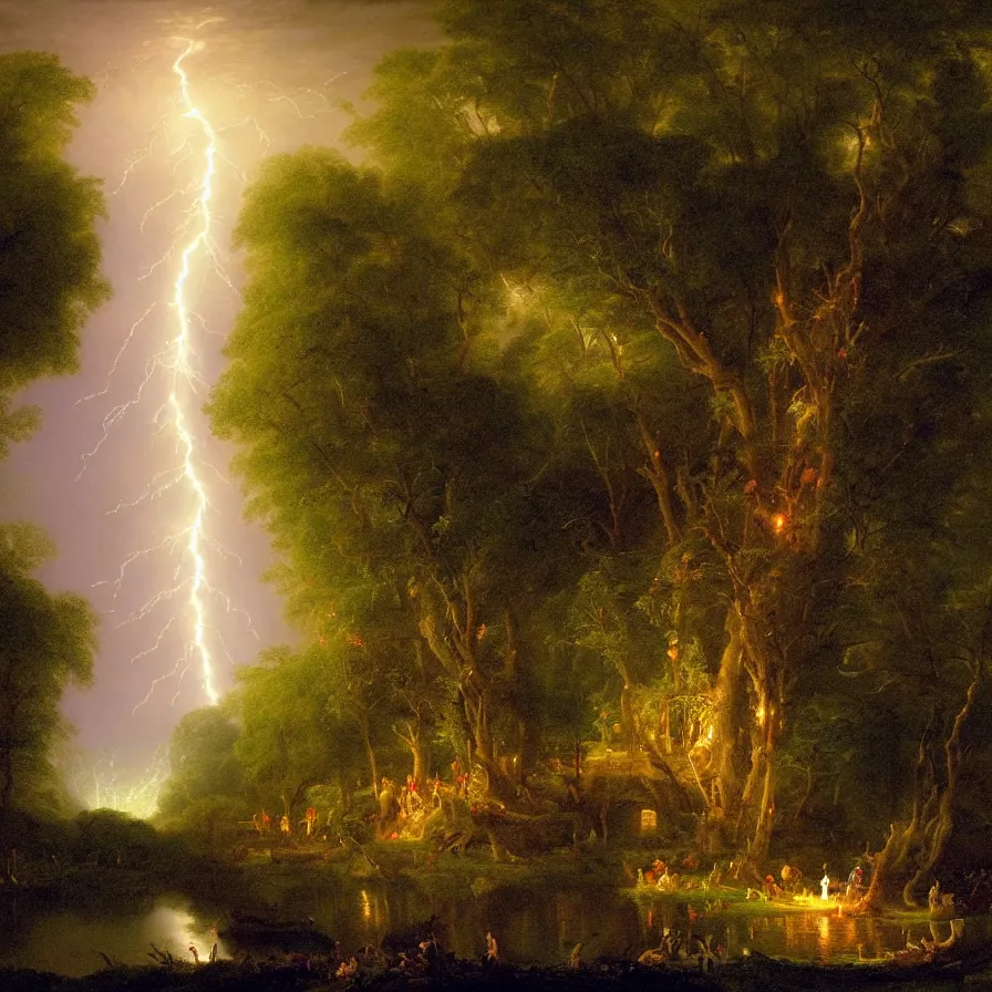 Image similar to a night carnival around a magical tree cavity with a rounded scenario with many fireworks and christmas lights, in a summer storm, next to a lake with iridiscent water, volumetric lightning, folklore people disguised as fantastic creatures in a magical forest by summer night, masterpiece painted by thomas cole, scene by night, dark night environment, refraction lights, glares