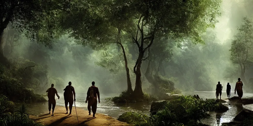 Image similar to muslim adventurers walking along the river bank in a kerala forest, an epic fantasy, dramatic lighting, cinematic, extremely high detail, photorealistic, cinematic lighting, matte painting, artstation, by Christopher Nolan, horizon forbidden west