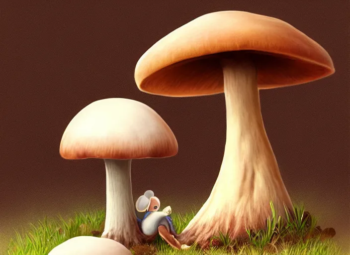 Image similar to a cute creature sitting next to a mushroom concept portrait, detailed, sharp focus, pastel, intricate, realistic, smooth, volumetric lighting, digital painting, by miyazaki