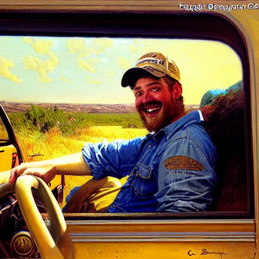 Image similar to beautiful painting of a truck driver sitting in his truck, interior, detailed face, happy smile, trucker hat, painting by gaston bussiere, craig mullins