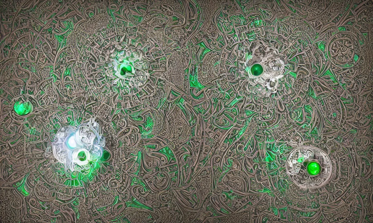 Prompt: mandrelbot 3 d volume fractal mandala ceramic chakra digital color stylized an ancient white bone and emerald gemstone relic, intricate engraving concept substance patern texture natural color scheme, global illumination ray tracing hdr fanart arstation by sung choi and eric pfeiffer and gabriel garza and casper konefal