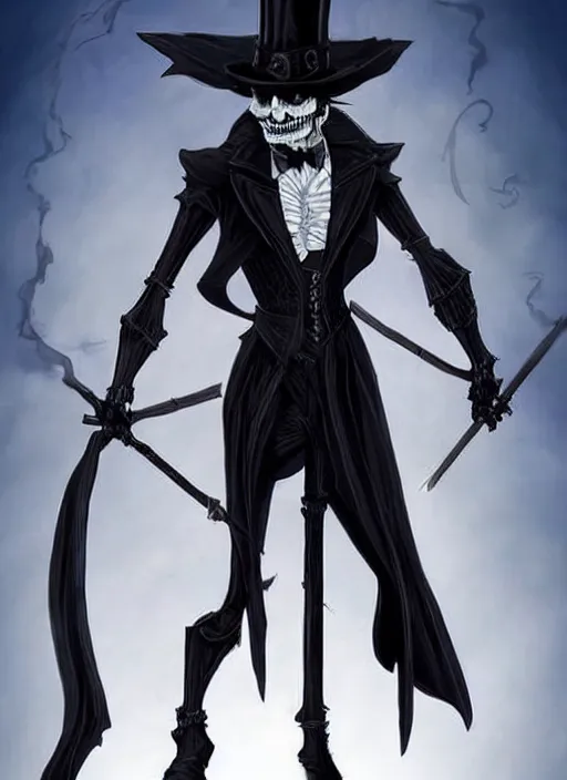 Image similar to DND character art, skeletal male figure, wearing a deep black suit!!! and tie and top hat, holding a gold! cane!. blue!!! flames!!