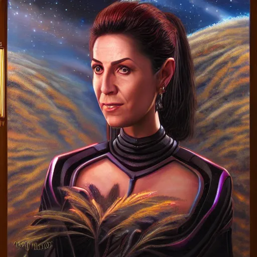 Image similar to portrait of an bajoran woman ( 3 5 ) from bajor, bajor - b'hava'el, bajoran sector, alpha quadrant, an oil painting by ross tran and thomas kincade